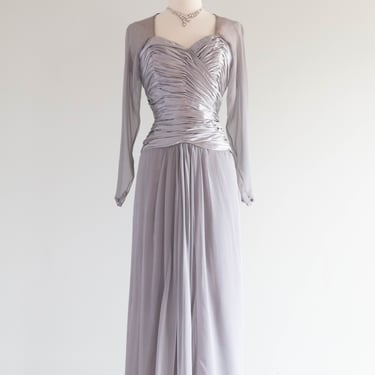 Stunning 1970's Silk Chiffon Evening Gown In Dove Grey by Estevez / Medium