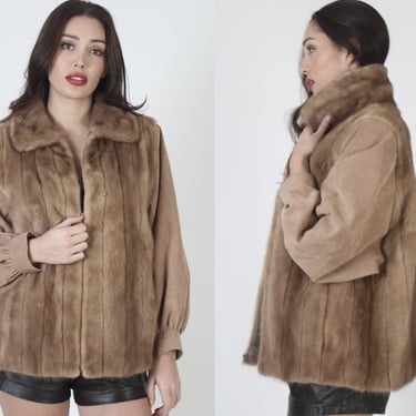 80s Autumn Haze Mink Fur Coat, Soft Micro Suede Tan Sleeves, Zip Up Unisex Overcoat Jacket 