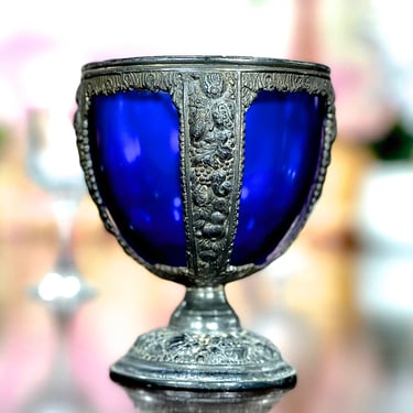 VINTAGE: P.N.C.W Cast Metal Cobalt Blue Glass Vessel Dish - Made USA - Art Nouveau - Chalice 