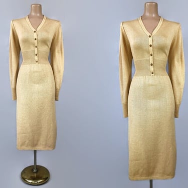 VINTAGE 1970s Sexy Golden Tan Knit Dress by Hanbury LTD | 70sCurvy Sweater Dress | Vintage Knitwear | VFG 