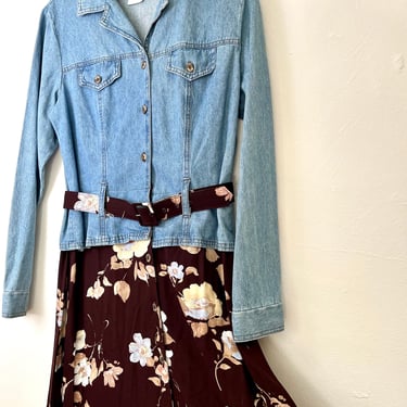 90s denim and floral dress / 1990s long sleeve dress / 90s maxi dress / belted dress / vintage denim dress / midsize vintage 90s / size 14 