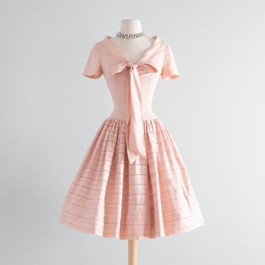 Classic 1950's New Look Soft Pink Linen Party Dress By Sylvia Rutkins / S