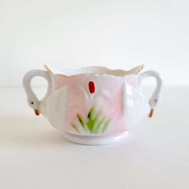 Vintage Swan Sugar Bowl, Double Handle, Pastel Windowsill Flower Pot, Mini Vase 