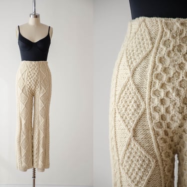 high waisted pants | 70s 80s vintage Cleo Ltd. Irish Aran wool ivory white cream dark academia hand knit fisherman pants 