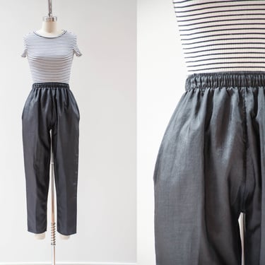 high waisted pants | 80s 90s vintage glossy shiny reflective black dark academia elastic waist lounge pants 