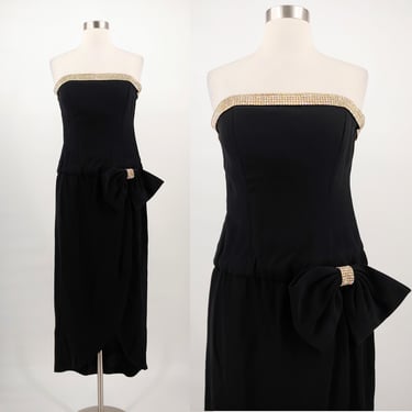 Vintage Eighties Lillie Rubin Black Strapless Wrap Bombshell Evening Gown - 80s XS Rhinestone Studded Formal Dress 