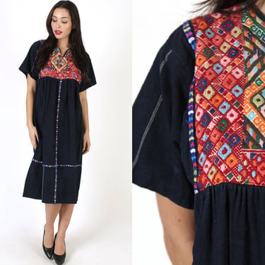 Heavyweight Cotton Gautemalan Mini Dress, Denim Mexican Embroidered Bodice Sundress, Authentic South American Fiesta Party Outfit 