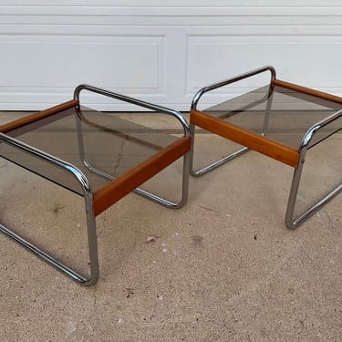 1970s Modernist Wood Chrome Smoked Glass Side Tables 