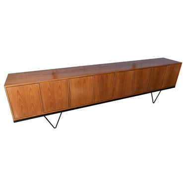 Custom Mid-Century Style Teak Sideboard with Black Metal Base and Four Cabinets