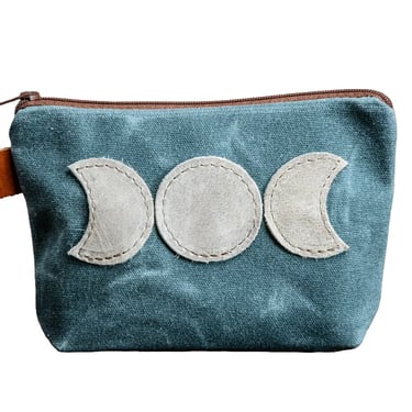 Leather Applique | Handmade Waxed Canvas Zipper Pouch | Luna 