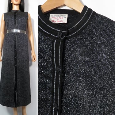 Vintage 60s Silver Metallic Lurex And Black Knit Button Front Holiday Maxi Dress Union Label Size M 
