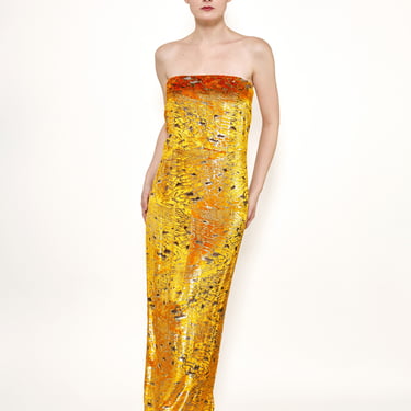 Bill Blass Velvet Yellow Strapless Metallic Dress 