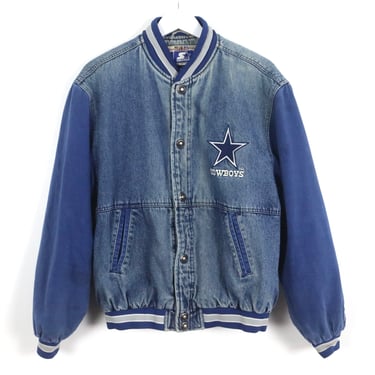 vintage denim Starter brand DALLAS COWBOYS 1990s two tone vintage denim bomber NFL men's jacket -- size small/medium 