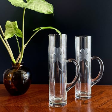 2 Cut Glass, Etched Shamrock, 3 Leaf Clover Irish Coffee Mugs - Tall and Narrow, Cocktail Mugs or Cups, Party Host Gift, Glassware 