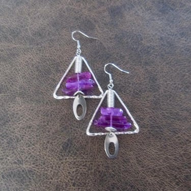 Raw quartz crystal earrings, purple geometric 