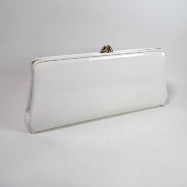 White Shiny Vinyl Clutch Bag Vintage Purse Gold Framed Clutch Purse w Kiss Clasp Closure Patent Leather-Like Handbag Mid Century Purse 