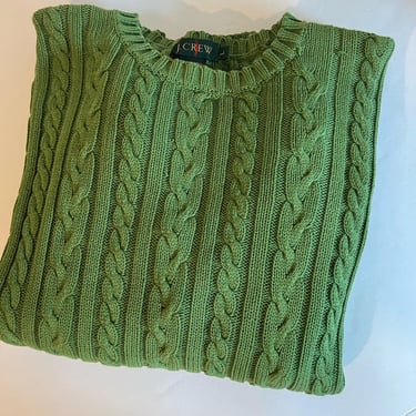 J. Crew Green Chunky Cable Knit Crewneck Cotton Pullover Oversized Sweater 