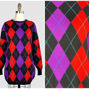 ESCADA VINTAGE 80s Knit Sweater | 1990s Argyle Top | 90s Pullover | Made in Italy | Medium 