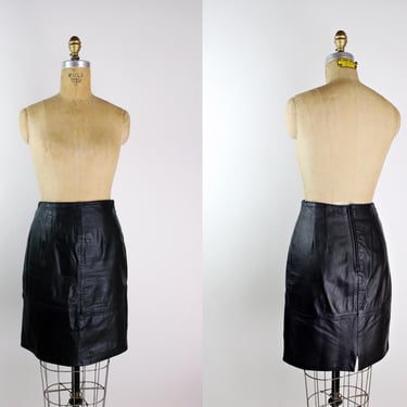 80s Black Leather Skirt / 1980s Leather Mini Skirt / High Waisted Leather Skirt / Waist 27