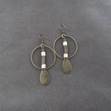 Hammered bronze hoop and white stone earrings, Bohemian boho earrings 