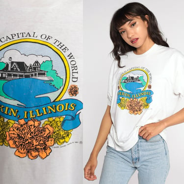 Pekin Illinois Shirt Marigold Floral T Shirt Vintage T Shirt 90s Tee Graphic Flower Print 80s Teal Shirt Screen Stars Large xl l 