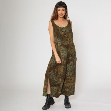 Vintage 90s Maxi Dress Leopard Floral Print Olive Green Boho Sleeveless Scoop Neck Grunge Plus Size 24W R&K Original Woman 24 W 