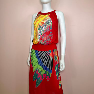 Beautiful Vtg 70s sheer red abstract print midi dress headdress Armonia 