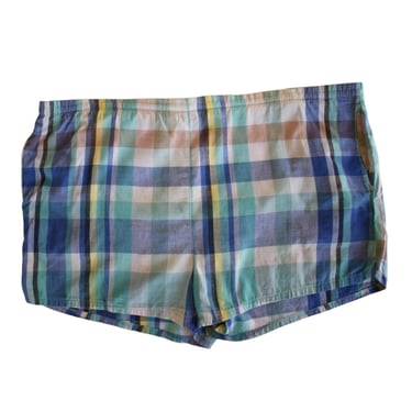 Vintage 70s Plaid Mens Shorts, 1970s Men's Lightweight Cotton Swim Trunks, Nylon Lined Cabana Shorts, Waist 41