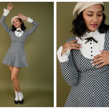 Vintage 1960s 60s Mod London Style Tuxedo Polka Dot Long Sleeve Fit & Flare Mini Dress 