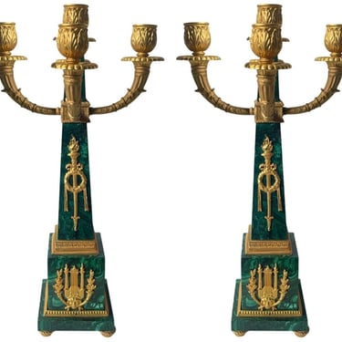 Pair of Early 20th C. French Malachite Candelabras with Gilt Bronze Details.