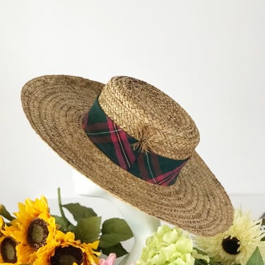 Wide Brim Plaid Boater Hat - Wall Decor Vintage Hat Giant Brim Straw Hat 