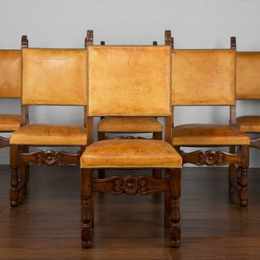 Antique French Renaissance Revival Oak Leather Dining Chairs - Set of 6 
