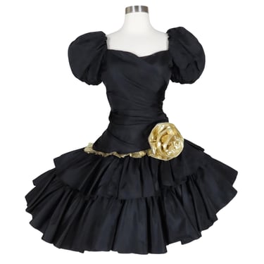 Vintage 80s Black Puff Sleeve Metallic Gold Lamé Foil Ruffle Taffeta Moire Tiered Full Circle Skirt Prom Queen Costume Party Dress M Medium 