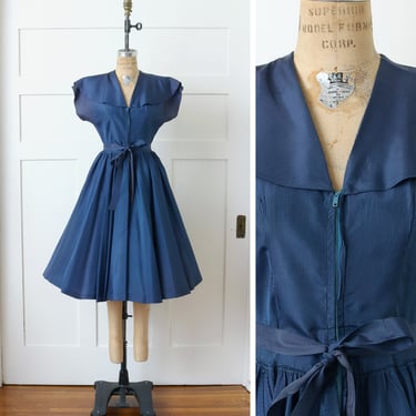 vintage 1950s belted silk dress • blue & black checked zipper front full skirt dress 
