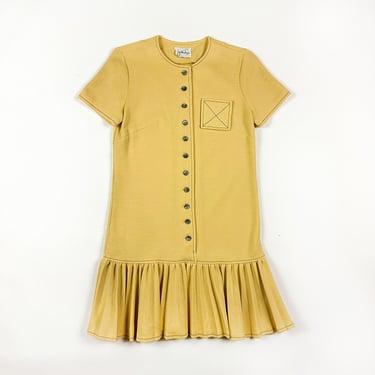 1960s Jonathan Logan yellow drop waist mini dress / pleats / ruffle / Decorative Pocket / Mod / Scooter / Small / Double Knit / Twiggy / S 
