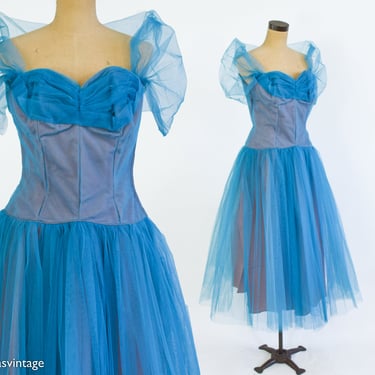 1940s Bright Blue Tulle Cupcake Party Dress | 40s Blue Tulle Evening Dress | Emma Domb | Medium 