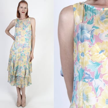 70s Floral Bandana Scarf Dress, Prairie Shoulder Tie Sundress, Vintage Long Layered Romantic Dress 