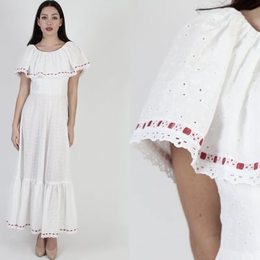 All White Eyelet Maxi Dress / Solid Color Country Style Dress / Empire Waist Tiered Skirt / Vintage 70s Capelet Ruffle Wedding Gown 