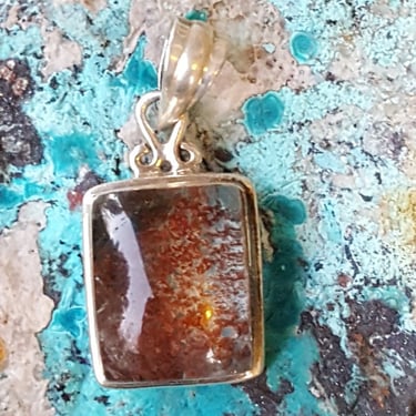Sterling Art Glass Pendant~Burnt Orange/Coral Glass~Vintage Artisan Pendant with Copper Fritz~Looks like Rutilated Quartz! JewelsandMetals 