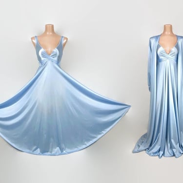 VINTAGE 80s RARE Sky Blue OLGA Peignoir Set | Stretch Twist Wrap Bodice Grand Sweep Nightgown & Robe | Wedding Bridal Lingerie S 92400 94500 