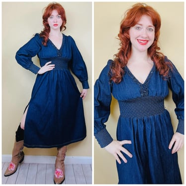 1990s Vintage Fendi Dark Denim Dress / 90s Gorgeous Cotton Indigo Smocked Waist Midi Dress / Size Small - Medium 