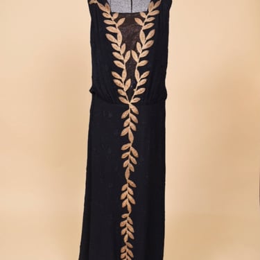 Navy 30s Silk Gown with Gold Leaves, XL/XXL