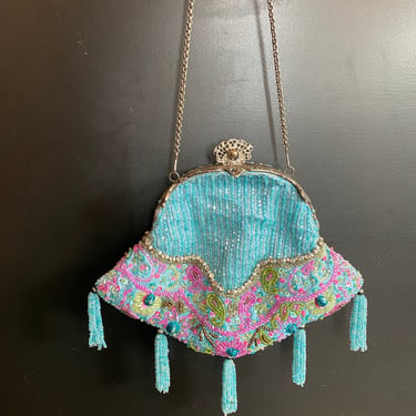 1990s beaded purse, flapper style, vintage handbag, y2k fashion, tassels fringe, filigree frame, victorian style, aqua and pink paisley, 90s 