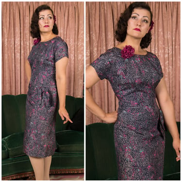 1950s Dress - Curvy Vintage 50s Printed Cocktail Dress with Defined Hips and Accent Bow in Navy with Fuchsia and Aqua 