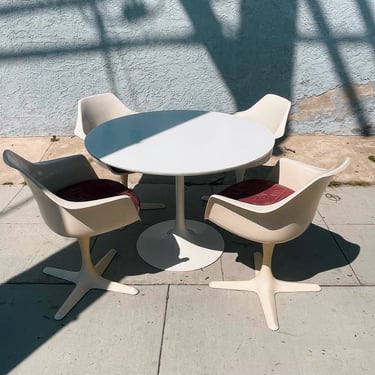 Vintage 1960s Dining Set by Maurice Burke for Arkana | Formica Tabletop | 4 swivel Tulip chairs | mid century modern design 
