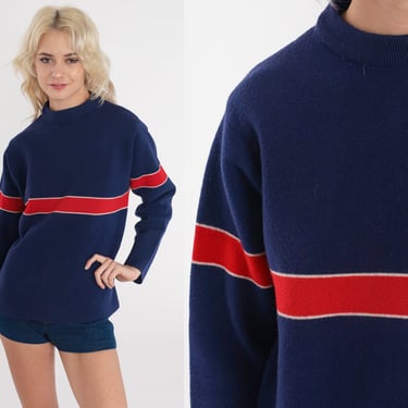70s Navy Blue Sweater Red Striped Bohemian Retro Sweater Wool Blend 1970s Vintage Boho Nerd Sweater Stripes Hippie Small Medium 