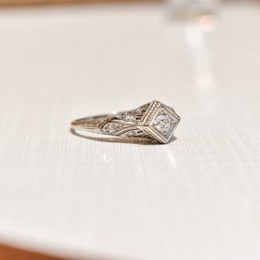 Edwardian Platinum Diamond Engagement Ring, Diamond Filigree Accents, Estate Jewelry, Size 10 US 