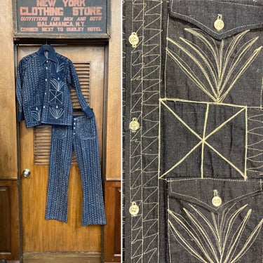 Vintage 1960’s Glam Hippie Denim Cartoon Embroidery Two Piece Outfit Set Jacket & Flare Jeans, Two Piece Set, Glam, Embroidery, Hippie, 1960 