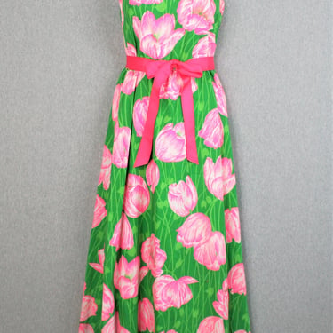 1970s - Pink /Green - Floral Party Dress - by David Morris - Estimated size 2 - Sorority Sister 