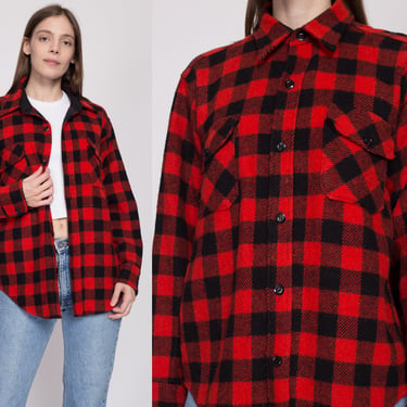 Medium 70s Melton Buffalo Plaid Wool Shirt Jacket Men's | Vintage Red & Black Lumberjack Overshirt Shacket 